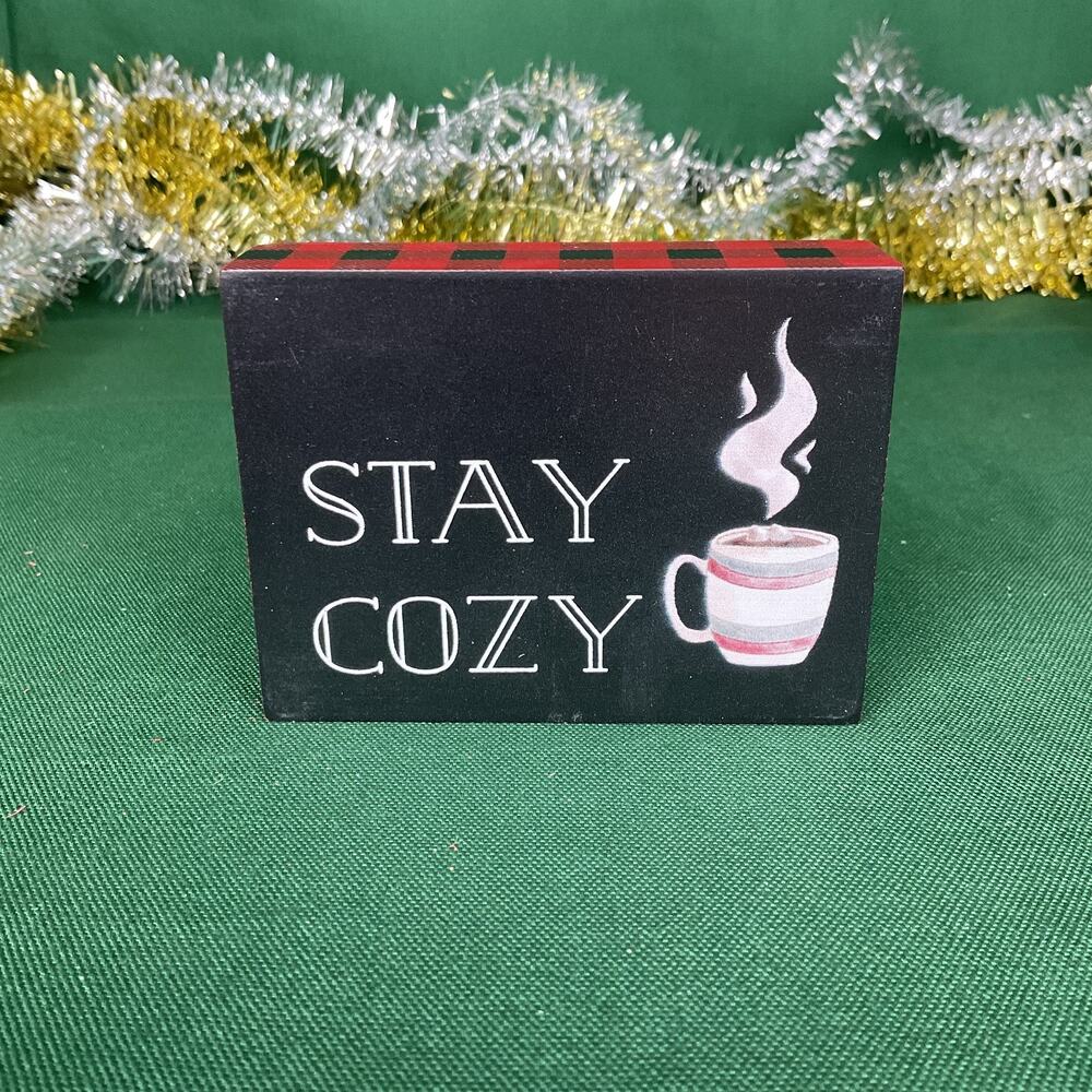 "Stay Cozy" Buffalo Plaid Christmas Wood Block Sign - Hot Cocoa Shelf Sitter